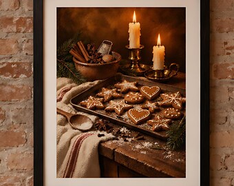 Gingerbread Cookie Christmas Still Life Print, Cozy Candlelit Kitchen Art, Printable Christmas Wall Art