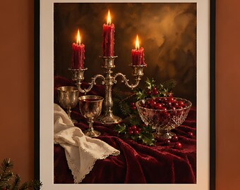 Christmas Still Life Print, Vintage Candelabra and Red Candles, Printable Moody Christmas Wall Art