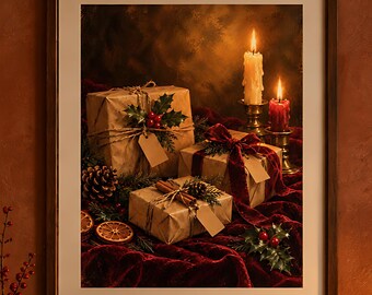 Christmas Still Life Print, Vintage Wrapped Gifts and Candlelight, Printable Christmas Wall Art