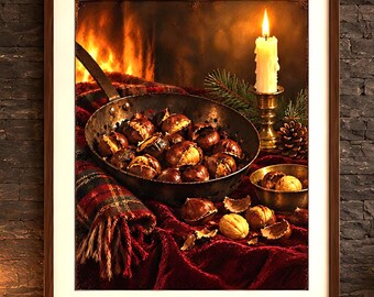 Roasted Chestnuts Christmas Still Life Print, Moody Fireside Art, Printable Christmas Wall Art