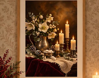 Christmas Still Life Print, Vintage Candlelight and Hellebore, Printable Moody Christmas Wall Art