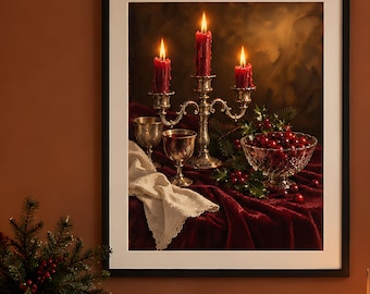 May include: A framed wall art print depicting a silver candelabra with three lit red candles, two silver goblets, and a crystal bowl filled with red berries on a dark red velvet cloth, set against a dark, moody, and atmospheric background.