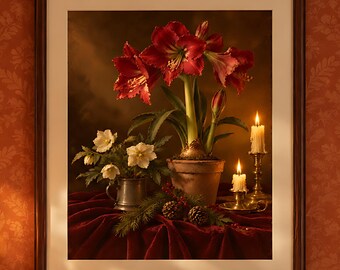 Amaryllis Christmas Still Life Print, Candlelit Moody Floral, Printable Vintage Christmas Wall Art