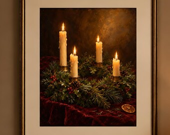 Christmas Candle Still Life Print, Moody Vintage Holiday Art, Printable Christmas Wall Art
