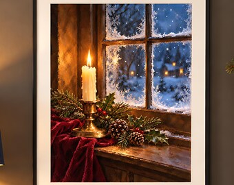 Christmas Candle and Snowy Window Print, Cozy Cabin Farmhouse Christmas, Printable Wall Art