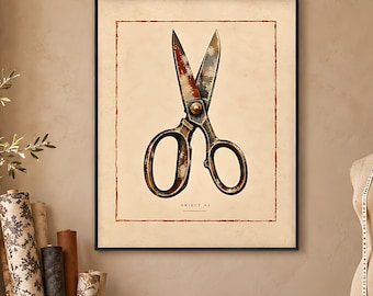 May include: A framed wall art print featuring a detailed illustration of a pair of metal scissors with a weathered, rusted texture. The artwork is set against a cream-coloured background with a thin red border and the text "OBJECT 04" below.