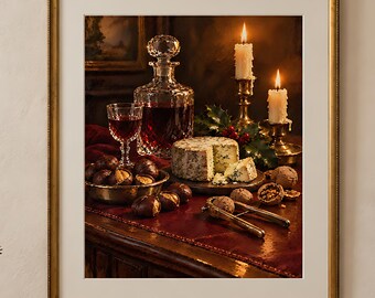 Moody Christmas Still Life Print, Wine and Cheese by Candlelight, Printable Vintage Christmas Wall Art
