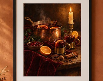 Mulled Wine Christmas Print, Copper Pot Still Life, Rustic Winter Kitchen Art, Printable Wall Art