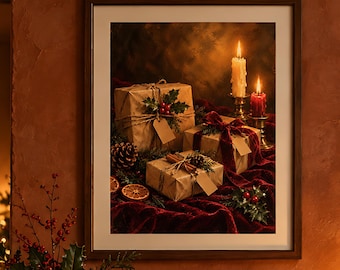 May include: A framed wall art print depicting three brown paper-wrapped gift boxes tied with twine and ribbons, adorned with holly berries, pinecones, and cinnamon sticks, set against a dark background with two lit candles in brass holders.