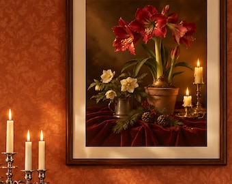 May include: A framed wall print depicting a still life scene with red amaryllis flowers in a pot, white hellebore flowers in a silver vessel, two lit candles, and pine cones arranged on a dark red velvet cloth against a dark background.
