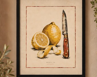 Vintage Lemon Still Life Print: Kitchen Knife Wall Art