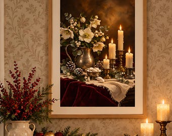 May include: A framed wall art print depicting a still life of white flowers in a metal pitcher, lit candles, and pinecones on a dark cloth. The print is displayed above a wooden console table decorated with holiday greenery, candles, and a basket.