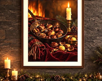 May include: A framed wall art print depicting a cast iron skillet filled with roasted chestnuts, a lit white candle in a brass holder, and a red plaid blanket, all set against a warm, glowing fireplace background with pine branches.