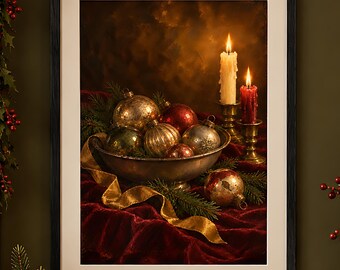 Christmas Still Life Print, Vintage Ornaments by Candlelight, Printable Old World Christmas Wall Art