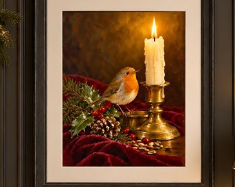 Christmas Robin Print with Candle and Holly, Vintage Still Life, Printable Christmas Wall Art