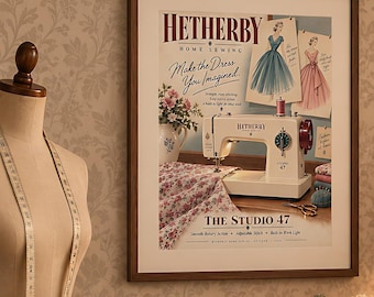 Vintage Ad Print, Sewing Machine Poster, Retro Craft Room Wall Art, Studio 47
