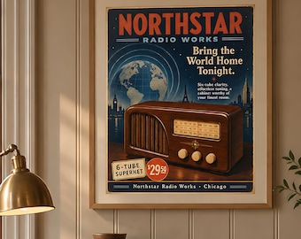 Vintage Radio Poster, 1940s Advertising Print, Dark Academia Wall Art, 300 DPI Digital Download