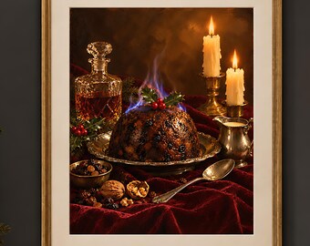 Christmas Pudding Still Life Print, Moody Victorian Holiday Art, Printable Vintage Christmas Wall Art