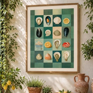 Estampado de concha de ostra, arte de cocina costera con tablero de ajedrez turquesa (descarga digital)