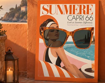 Vintage Ad Poster, Retro Sunglasses Riviera Print, Mid-Century Pool Fashion Wall Art