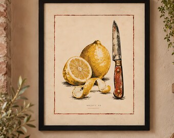May include: A framed wall print featuring a vintage-style illustration of a whole lemon, a lemon half, a curled lemon peel, and a rustic paring knife. The artwork is set against a cream background with a thin red border and the text OBJECT 01.