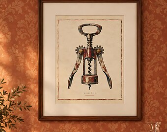 May include: A framed wall print featuring a detailed illustration of a vintage metal corkscrew with a weathered red and brown finish. The artwork is centred on a cream background with a thin red border and the text OBJECT 01 printed below.