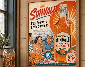 Vintage Soda Ad Poster, Retro Orange Advertisement Print, Kitchen Wall Art