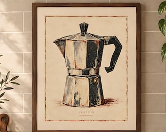 May include: A framed wall art print featuring a weathered, metallic moka pot illustration with a dark handle and spout. The artwork is centred on a cream background with a distressed red border and the text "OBJECT 01" printed below the pot.