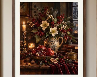 Moody Christmas Still Life Print, Pomegranate and Candlelight, Printable Vintage Christmas Wall Art