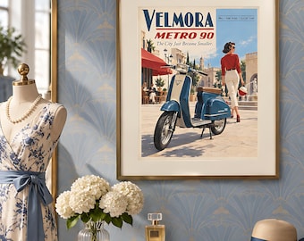Retro Scooter Poster, Vintage Travel Ad, Blue Mid-Century Wall Art