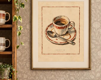 May include: A framed wall art print featuring a detailed illustration of a coffee cup on a saucer with a spoon, centred on a cream background with a red border and the text "OBJECT 58" printed in black at the bottom of the artwork.