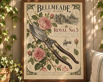 Botanical Wall Art, Antique Tool Print, Victorian Rose Garden Printable, Potting Shed Decor