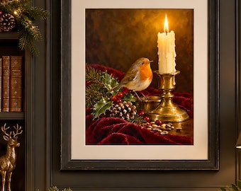 May include: A framed wall art print featuring a European robin perched next to a lit white taper candle in a brass holder, surrounded by holly leaves, red berries, and a pinecone on a dark red velvet fabric background with a warm glow.