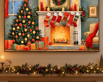May include: A rectangular wall art print depicting a Christmas scene with a decorated tree, a fireplace with hanging stockings, and wrapped gifts. The painting features warm lighting, a glowing hearth, and a festive interior setting with blue walls.