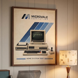 Póster publicitario de ordenador vintage, arte mural tecnológico retro de los 80, decoración para el hogar y la oficina.