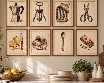 Vintage Kitchen Wall Art Set of 8, Retro Moka Pot Sardine Tin Prints, Printable