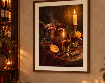 May include: A framed wall art print depicting a copper pot filled with steaming mulled wine, garnished with orange slices, cinnamon sticks, and cranberries. A lit candle in a brass holder sits nearby on a dark wooden surface with red fabric.