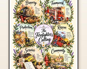 Firefighter Print with Watercolor Florals, Bravery and Teamwork Values Sampler