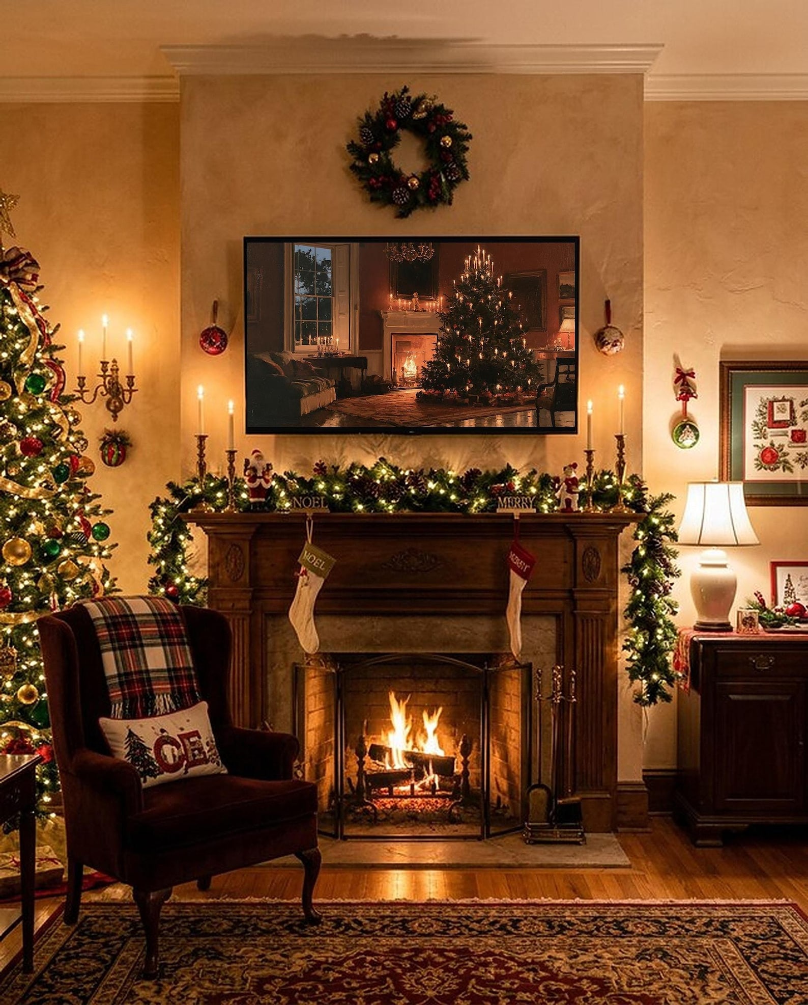 Candlelit Christmas tree scene shown on a TV above a decorated fireplace
