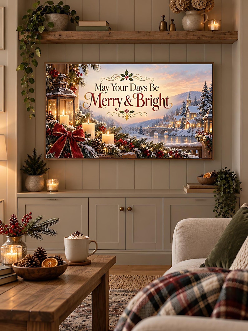 Merry and Bright snowy village Christmas TV art