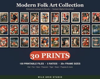 May include: A collection of 30 digital art prints featuring botanical, animal, and floral illustrations. The text reads Modern Folk Art Collection, 30 PRINTS, 150 printable files, 5 ratios, 20+ frame sizes, and Wild Grid Studio.