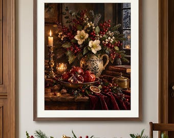 May include: A framed wall art print depicting a holiday still life with a ceramic pitcher filled with white flowers, red berries, and pine branches. A bowl of pomegranates, a lit candle in a brass holder, and books sit on a dark wooden table.