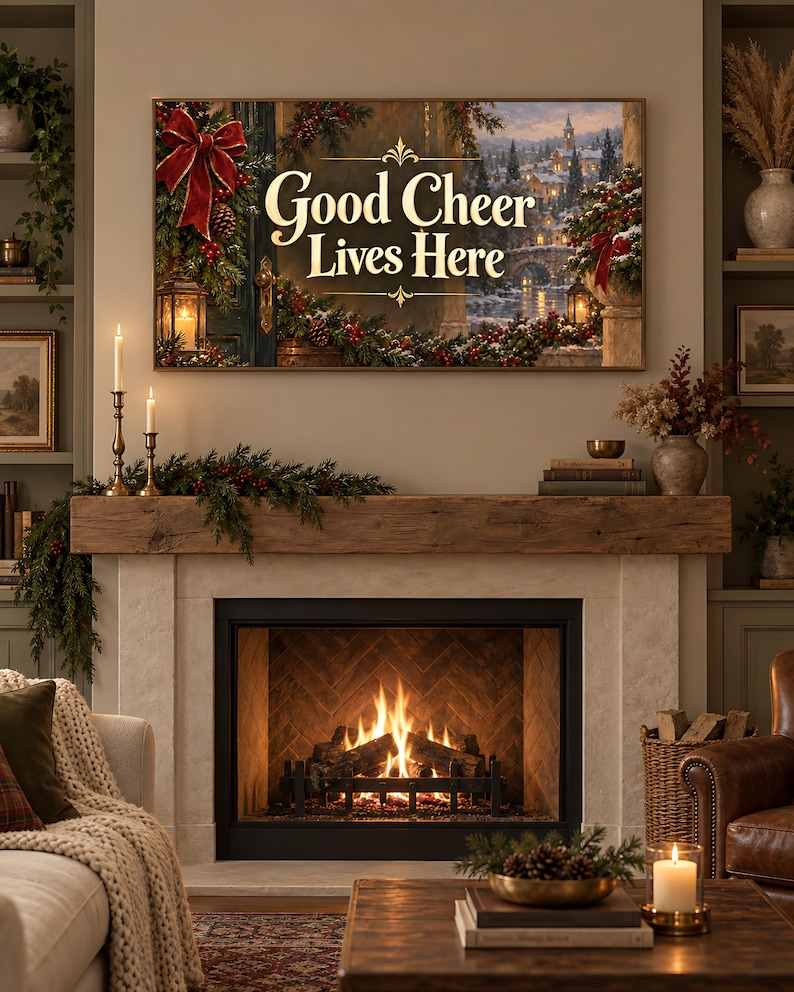 Good Cheer Lives Here snowy village Christmas TV art