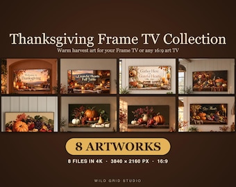 May include: A digital collection of eight Thanksgiving-themed artworks for Frame TVs, featuring harvest scenes with pumpkins, autumn foliage, and candles. The text includes "Welcome to Thanksgiving," "Grateful Hearts Full Table," and "Gather Here with Grateful Hearts."