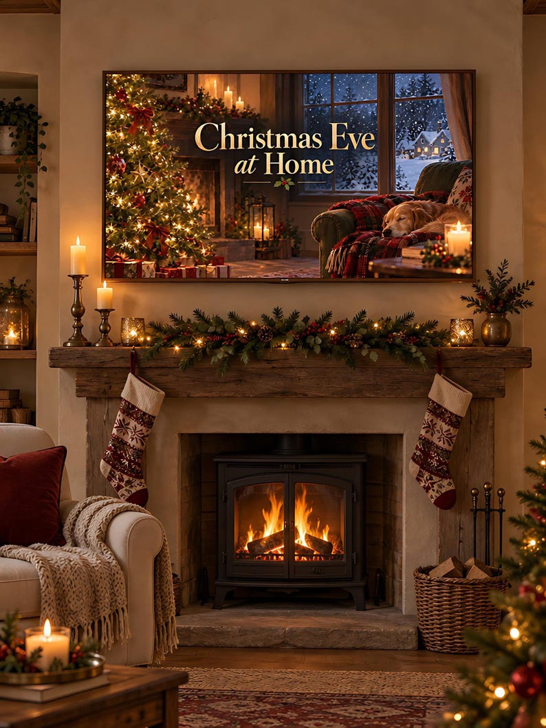 Golden retriever by a Christmas fireplace TV art