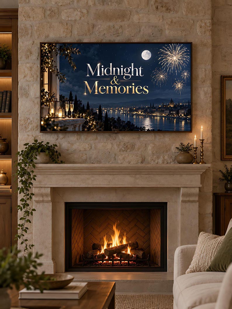 New Year's Eve moon and fireworks TV art