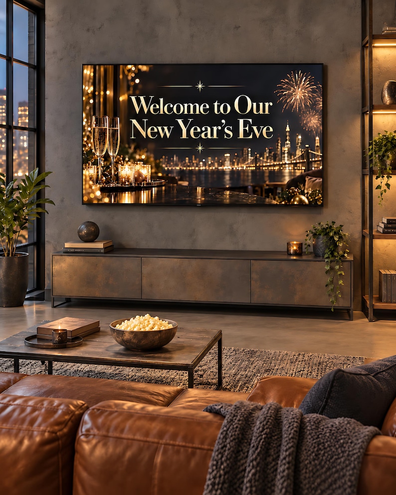 New Year's Eve city skyline TV art