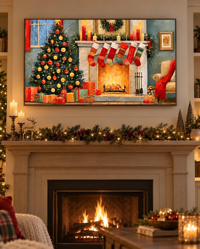 Oil painting style Christmas fireplace TV art