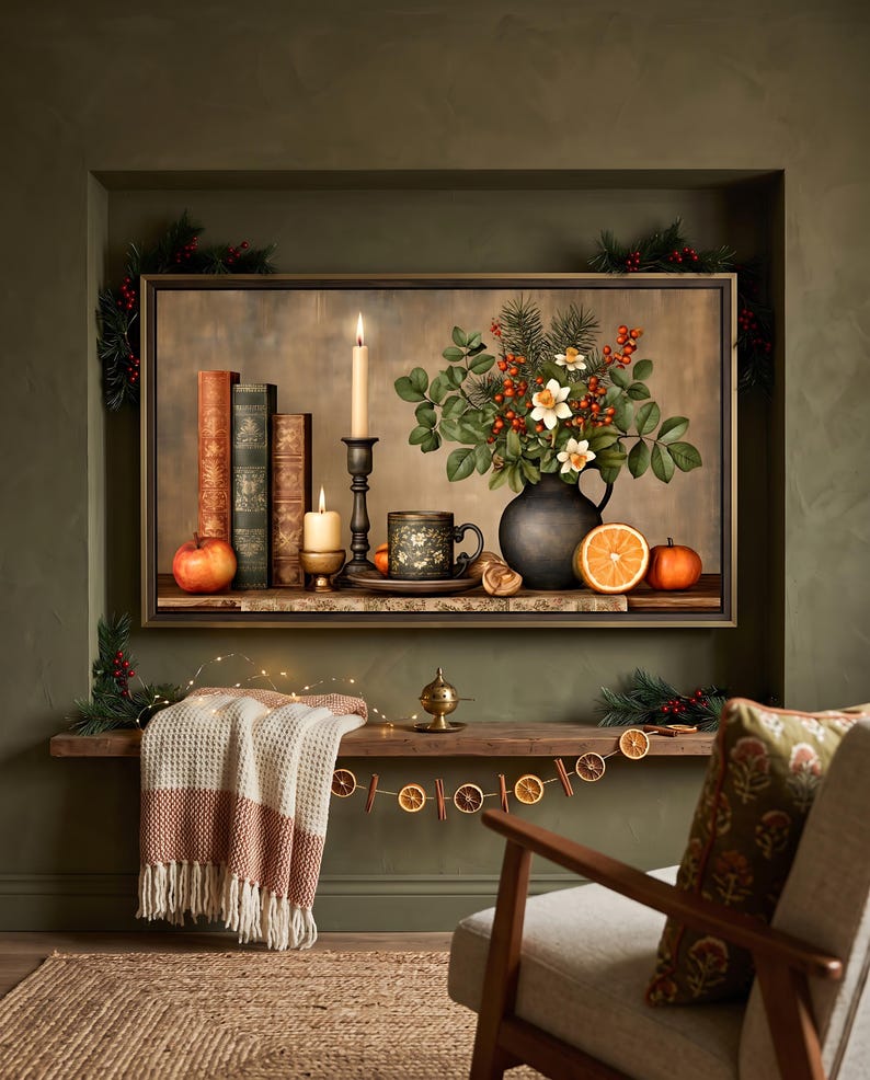 Winter still life with antique books and candles TV art