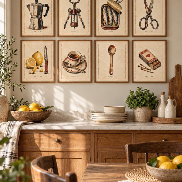 Vintage Kitchen art set of 8 printable designs
